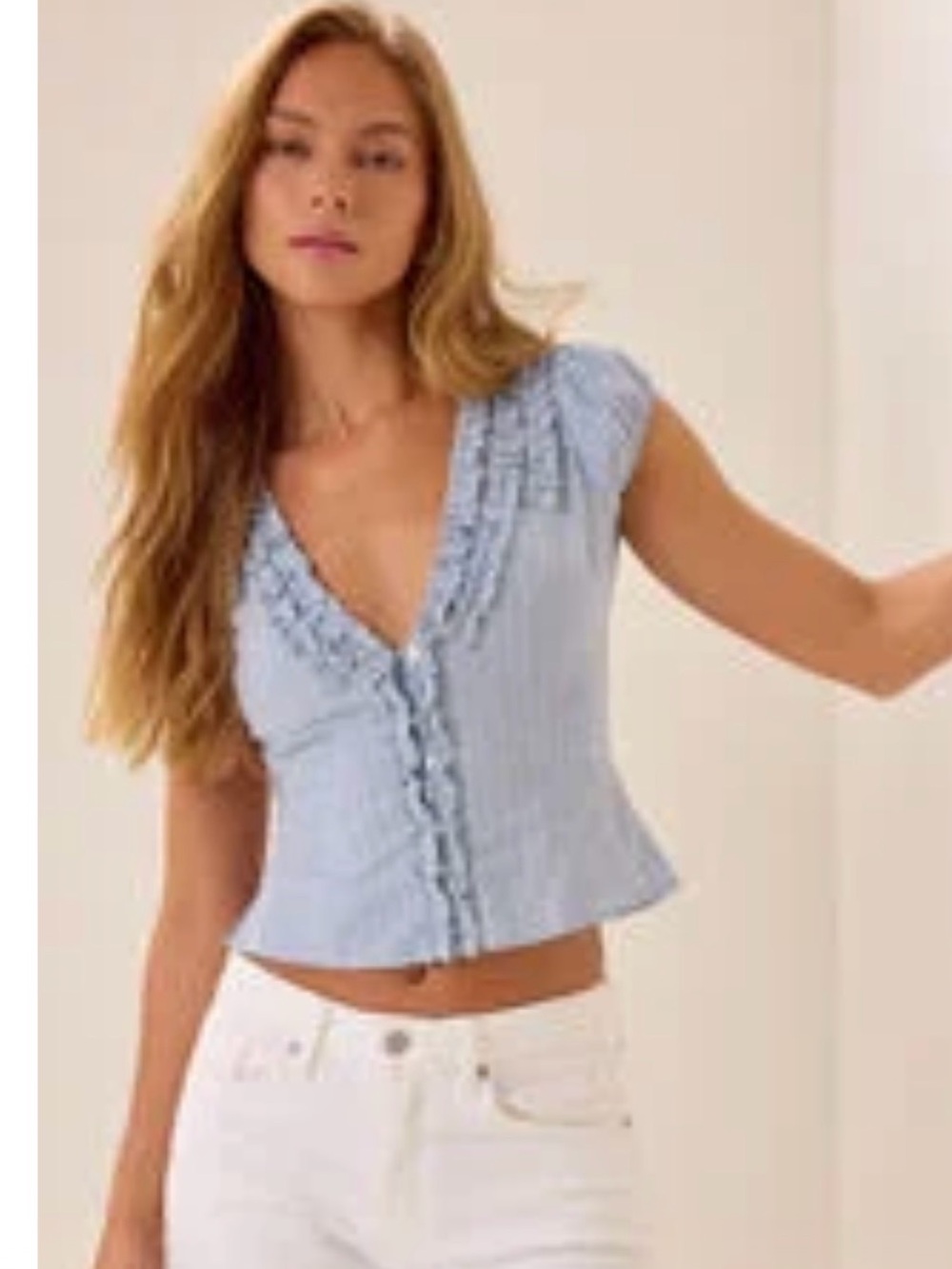 Altar'd State Light Blue Ruffle V-Neck Crop Top